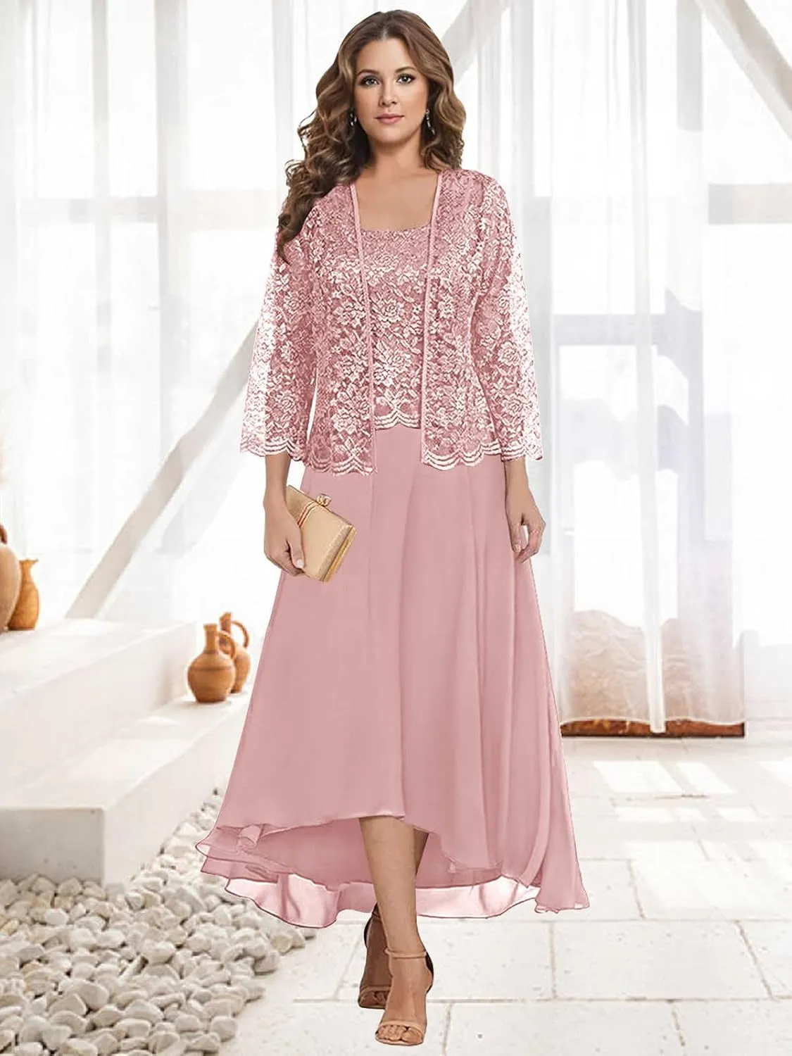 Two Piece Mother of The Bride Dresses with Jacket Lace Chiffon A Line Long Formal Wedding Guest Dress
