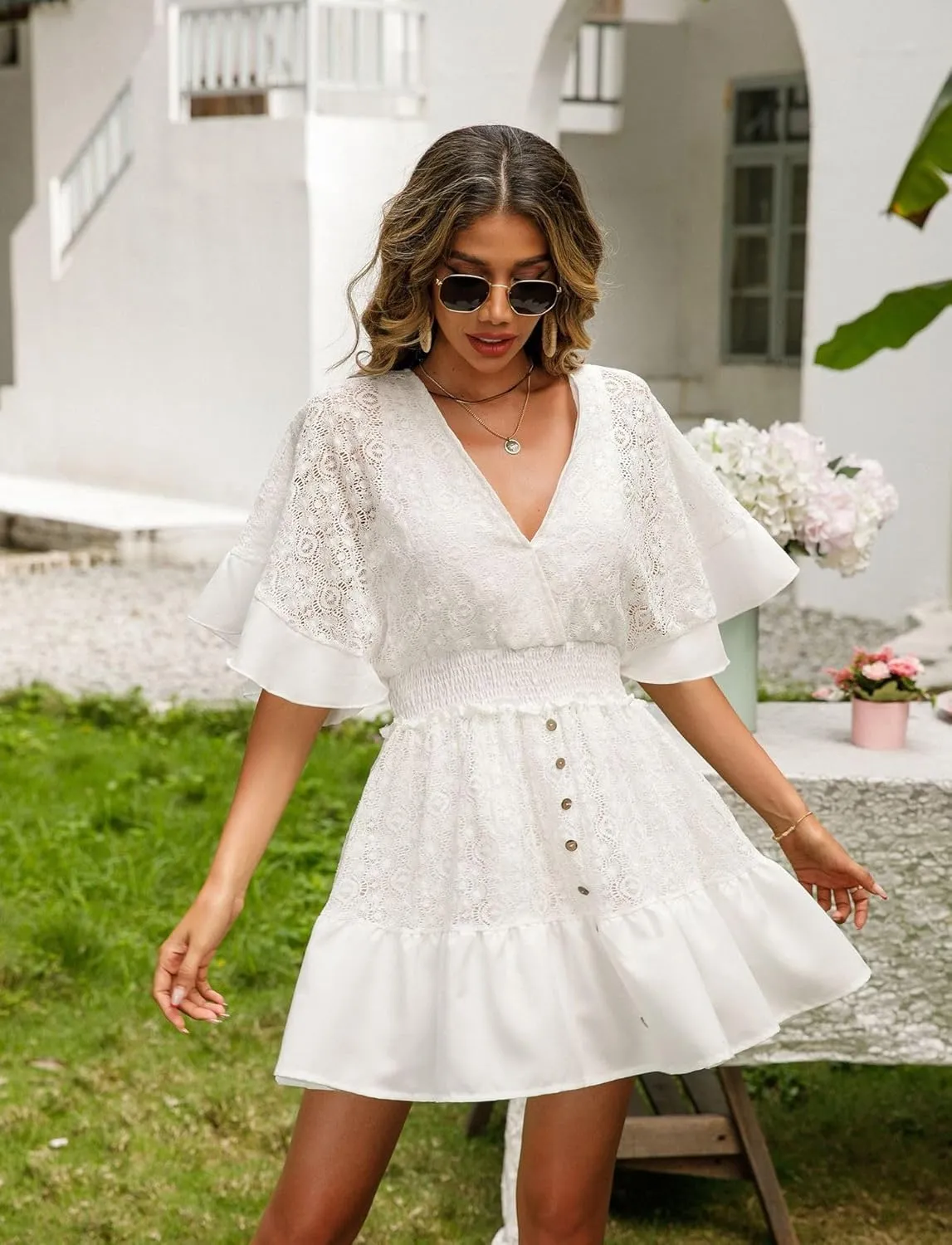 utcoco Womens 2025 Summer Beach Boho Mini Dress Flared Sleeve V Neck Hollow Out Lace Flowy A Line Dress
