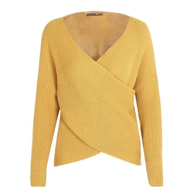 V Neck Cross Knitting Sweater