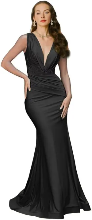 V Neck Mermaid Bridesmaid Dresses Bodycon Satin Prom Dresses Wedding Formal Evening Party Gowns for Women