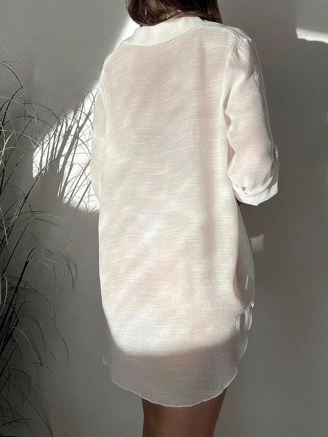 Verdusa Women's Button Front Collared Beach Cover Up Long Sleeve Asymmetrical Kimono Cardigan