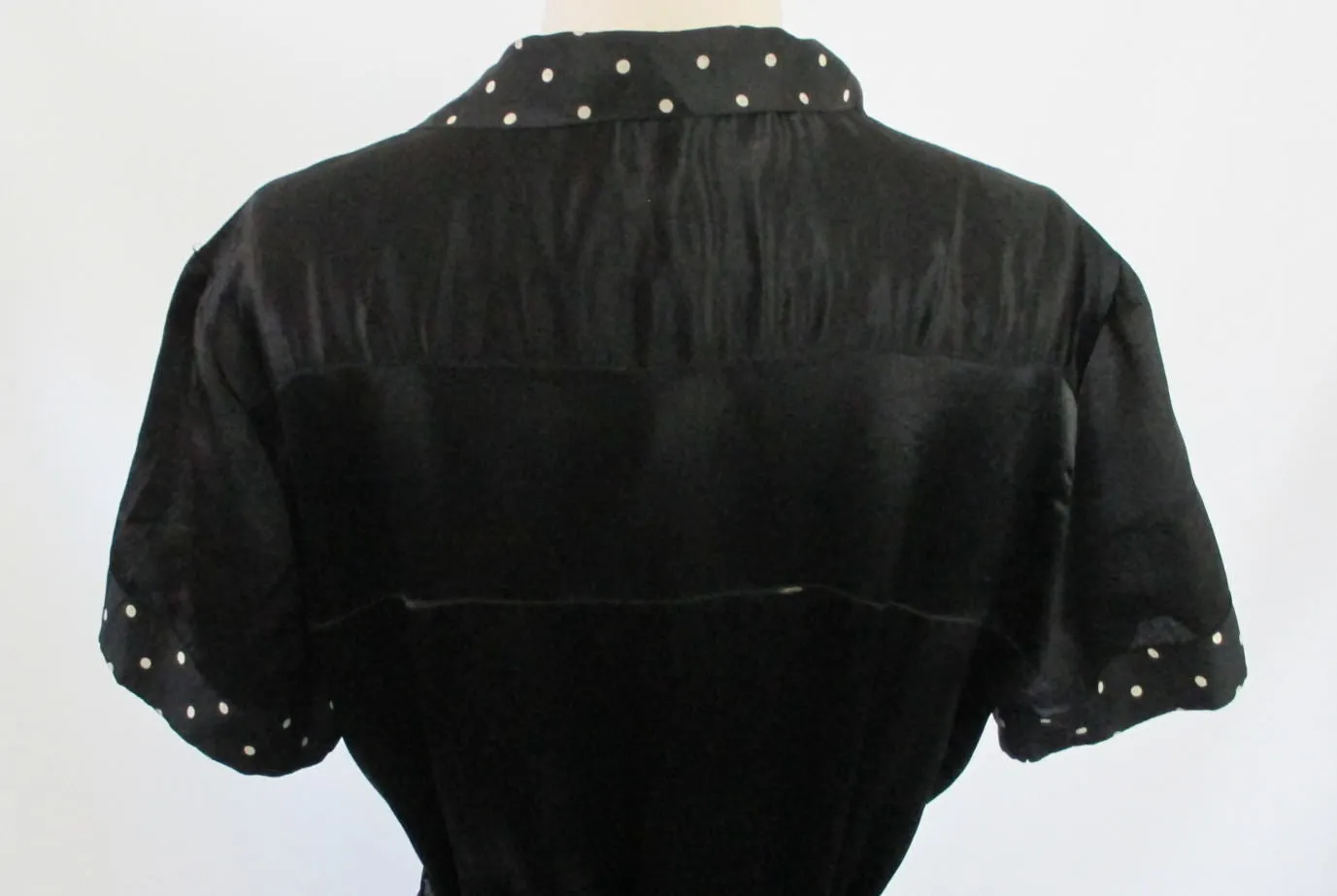 Vintage 30's Black Satin White Polka Dot Rayon Day Dress L