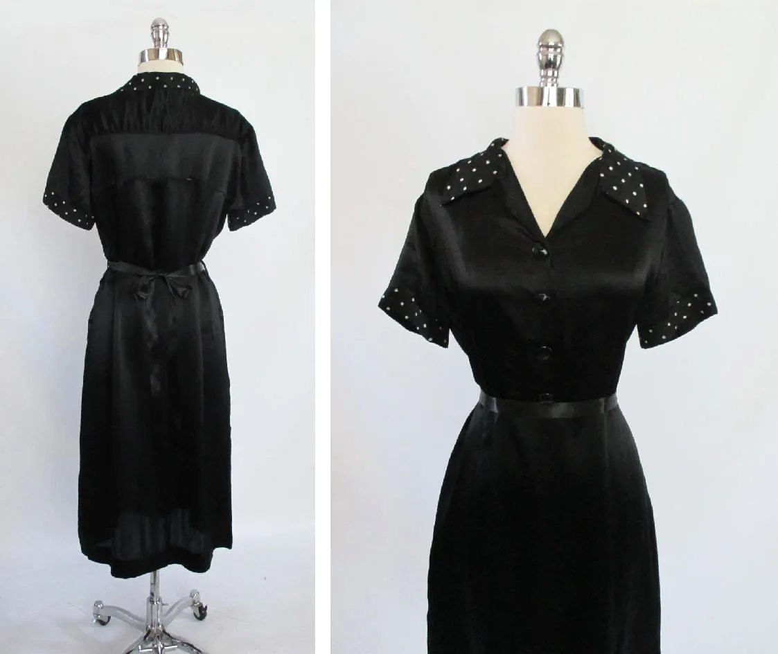 Vintage 30's Black Satin White Polka Dot Rayon Day Dress L