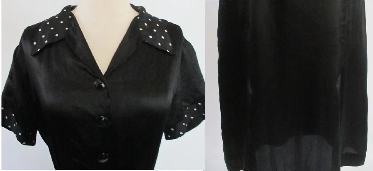 Vintage 30's Black Satin White Polka Dot Rayon Day Dress L
