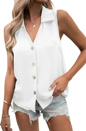 Vrtige Women's Casual Collar V Neck Button Down Sleeveless Tunic Blouse Shirt Tank Top