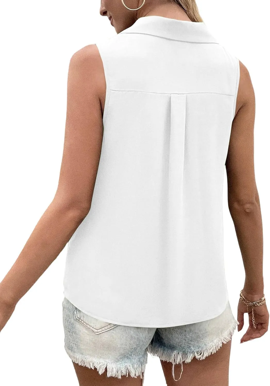 Vrtige Women's Casual Collar V Neck Button Down Sleeveless Tunic Blouse Shirt Tank Top
