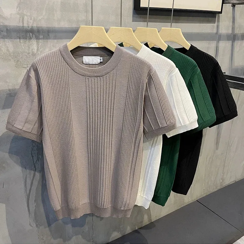 Wiaofellas  -  Spring Summer Casual Knitwear Men Short Sleeve O-Neck Knitted T Shirts Fashion Striped Crochet Slim Stretch Knit Pullovers