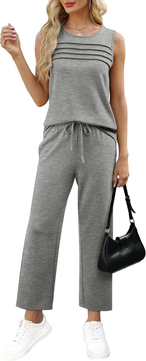 WIHOLL Two Piece Sets for Women Summer Outfits Matching Lounge Sets Wide Leg Crop Pants Vacation Travel