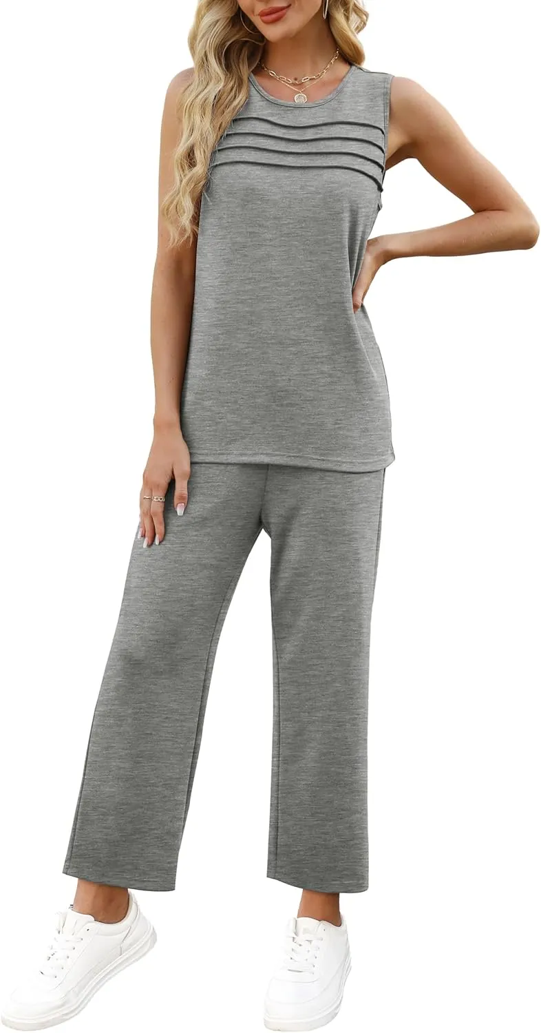 WIHOLL Two Piece Sets for Women Summer Outfits Matching Lounge Sets Wide Leg Crop Pants Vacation Travel