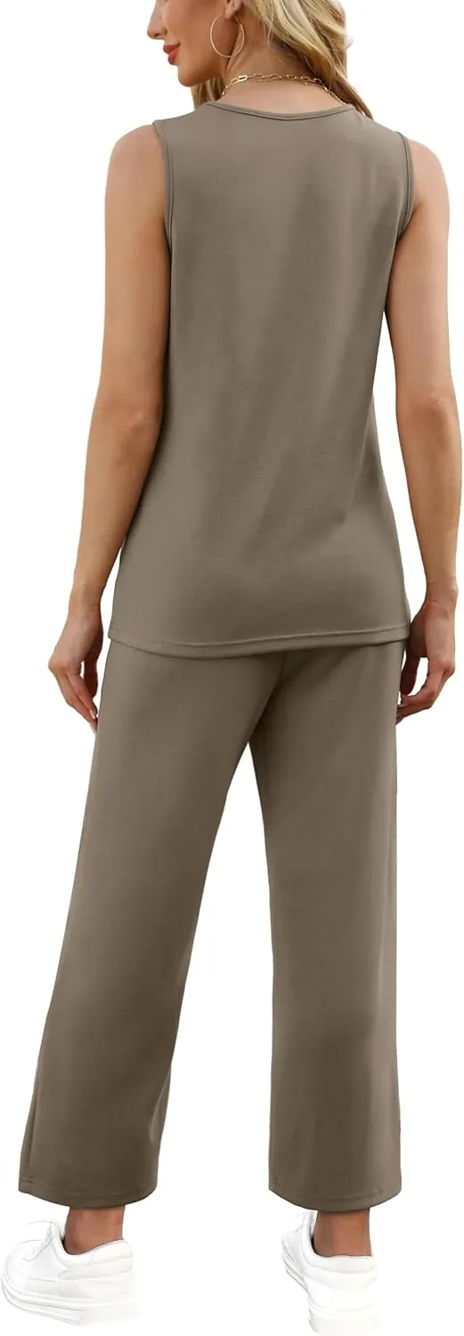 WIHOLL Two Piece Sets for Women Summer Outfits Matching Lounge Sets Wide Leg Crop Pants Vacation Travel