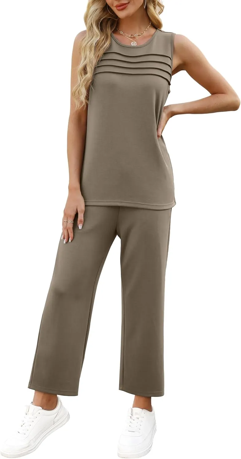 WIHOLL Two Piece Sets for Women Summer Outfits Matching Lounge Sets Wide Leg Crop Pants Vacation Travel