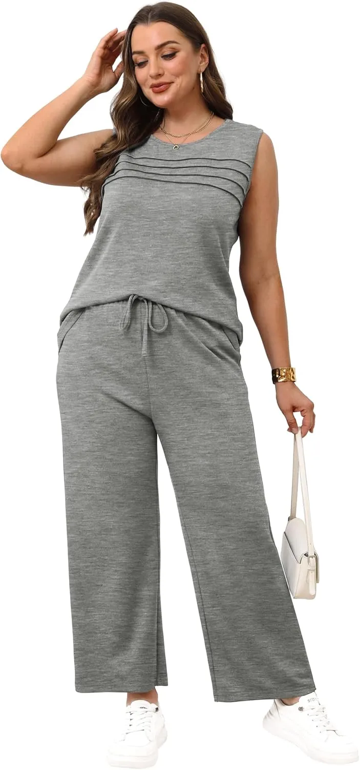 WIHOLL Two Piece Sets for Women Summer Outfits Matching Lounge Sets Wide Leg Crop Pants Vacation Travel