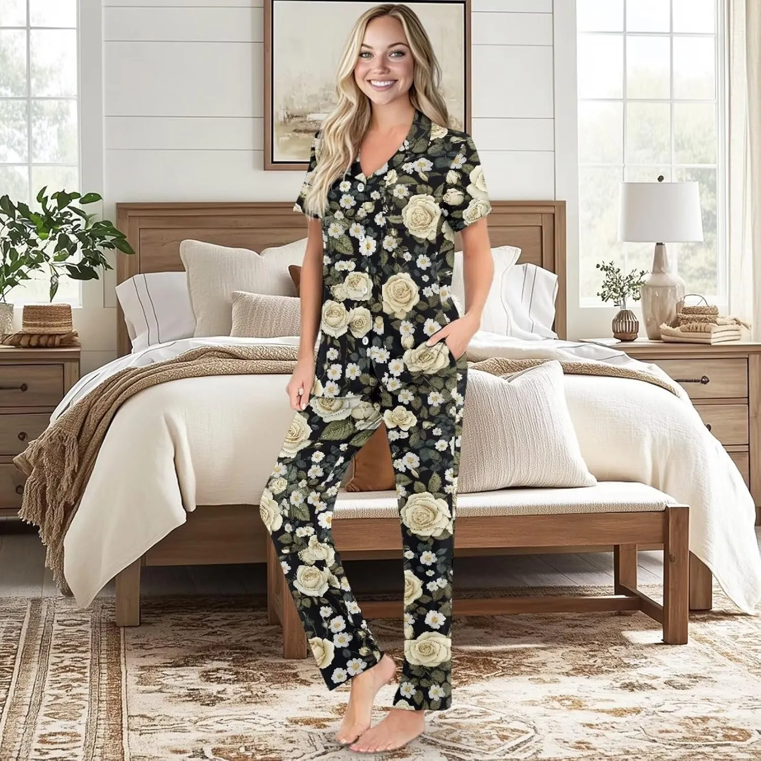 Women 2 Piece Pajamas Sets, Soft Button Down Pjs Sets with Pockets for Home S-2XL Size