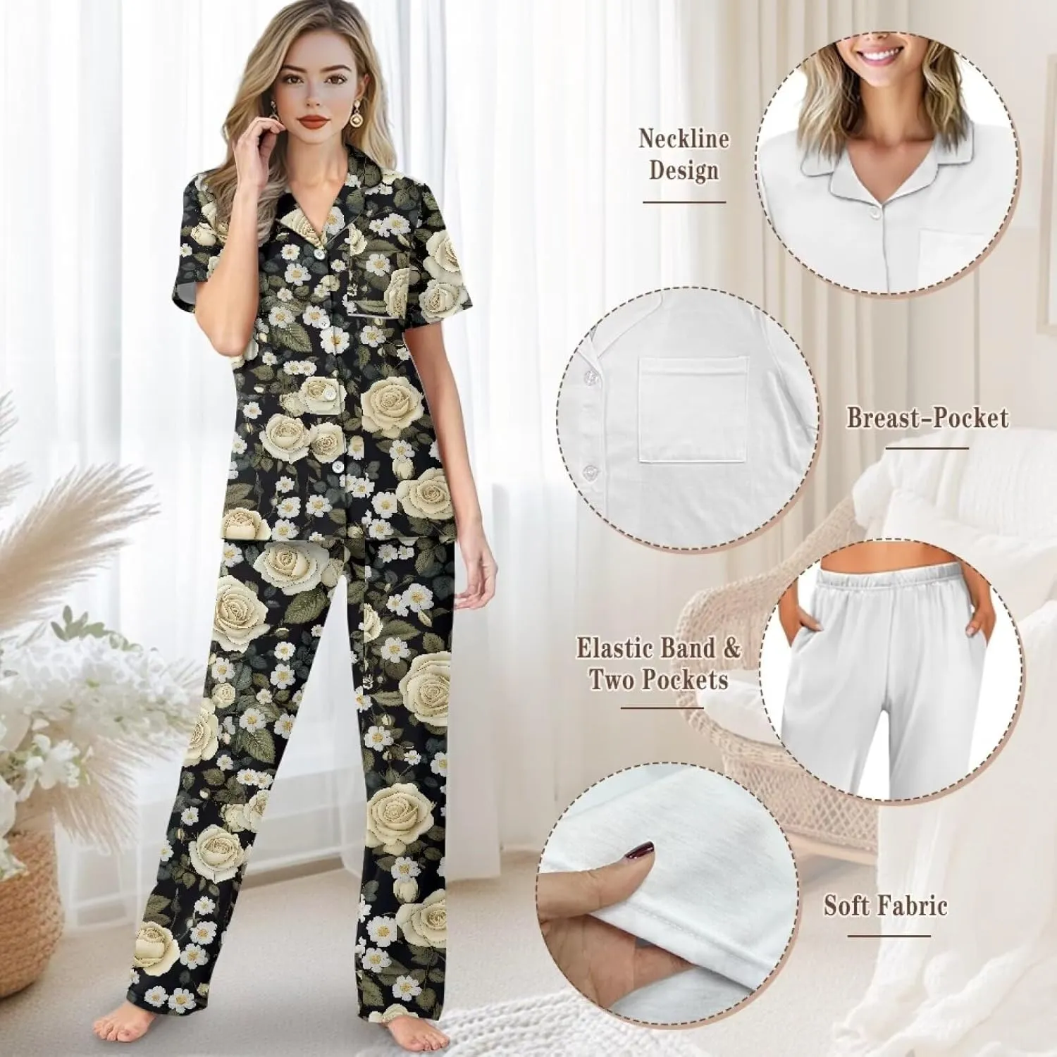 Women 2 Piece Pajamas Sets, Soft Button Down Pjs Sets with Pockets for Home S-2XL Size