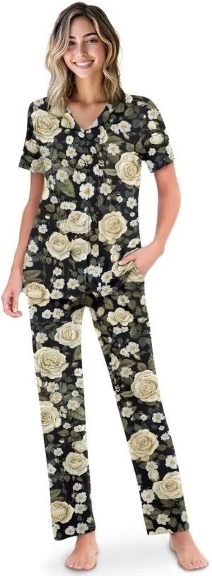 Women 2 Piece Pajamas Sets, Soft Button Down Pjs Sets with Pockets for Home S-2XL Size