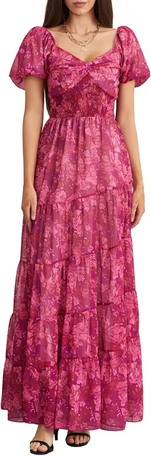 Women Boho Short Puff Sleeve Floral Long Dress Sweetheart Neck Tunic Waist Summer Flowy 2024 Beach Midi Sundresses