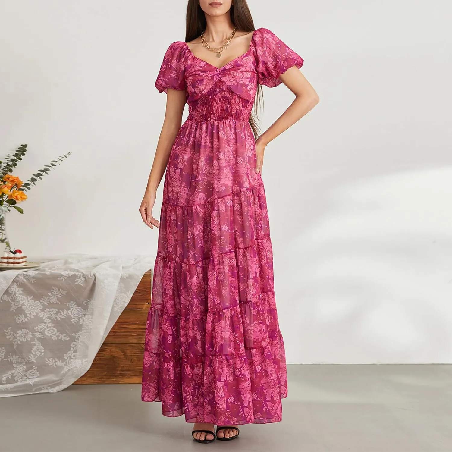 Women Boho Short Puff Sleeve Floral Long Dress Sweetheart Neck Tunic Waist Summer Flowy 2024 Beach Midi Sundresses