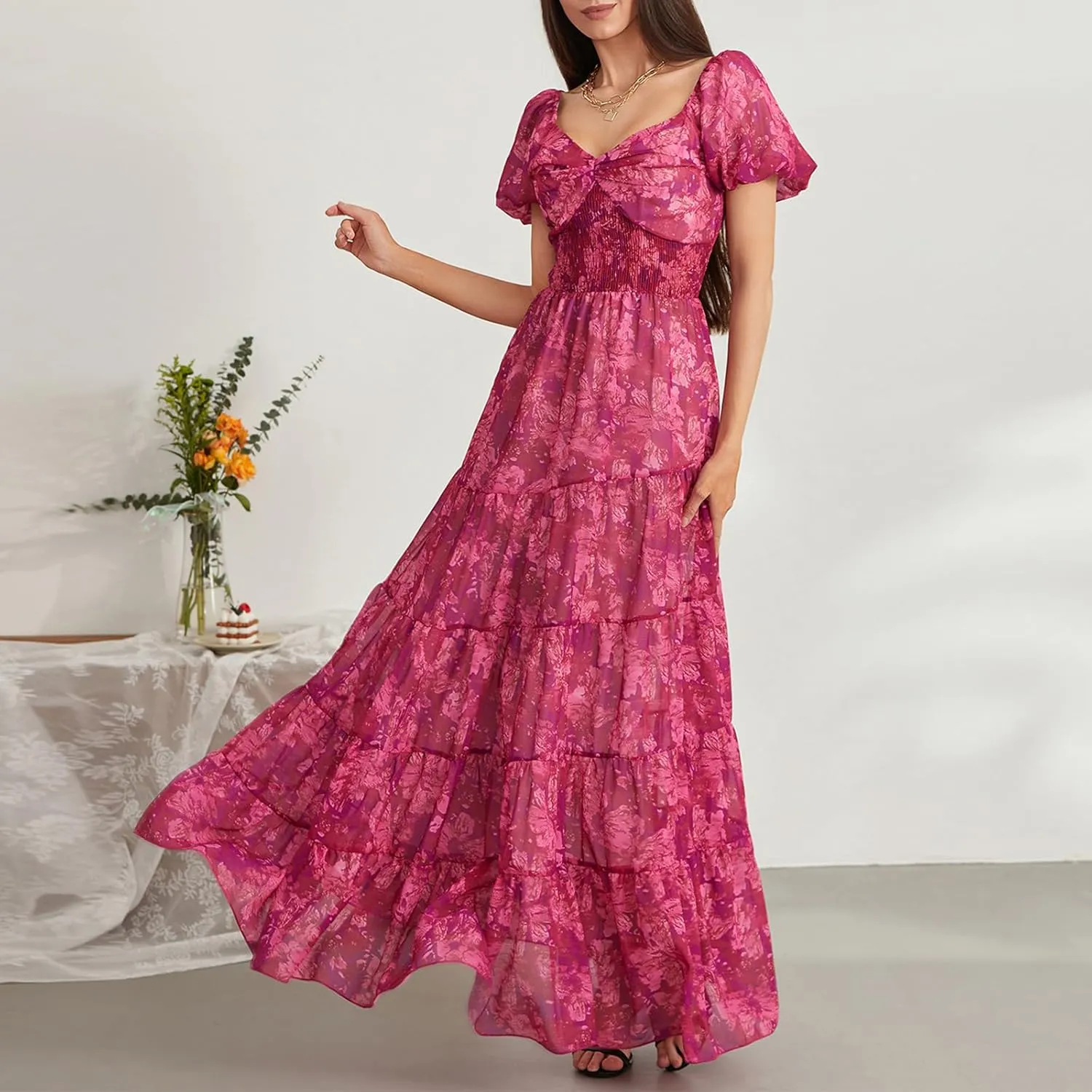 Women Boho Short Puff Sleeve Floral Long Dress Sweetheart Neck Tunic Waist Summer Flowy 2024 Beach Midi Sundresses