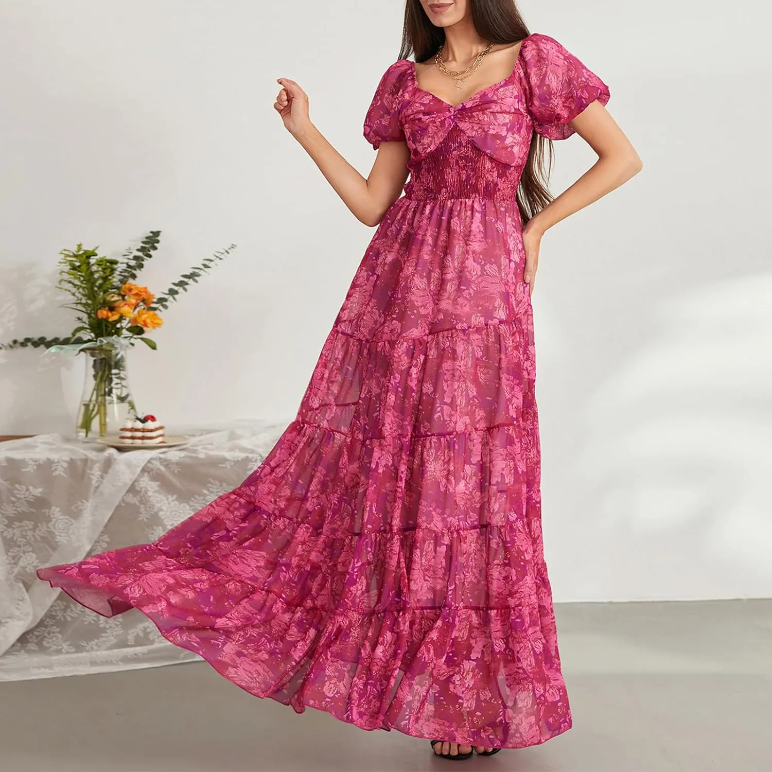 Women Boho Short Puff Sleeve Floral Long Dress Sweetheart Neck Tunic Waist Summer Flowy 2024 Beach Midi Sundresses