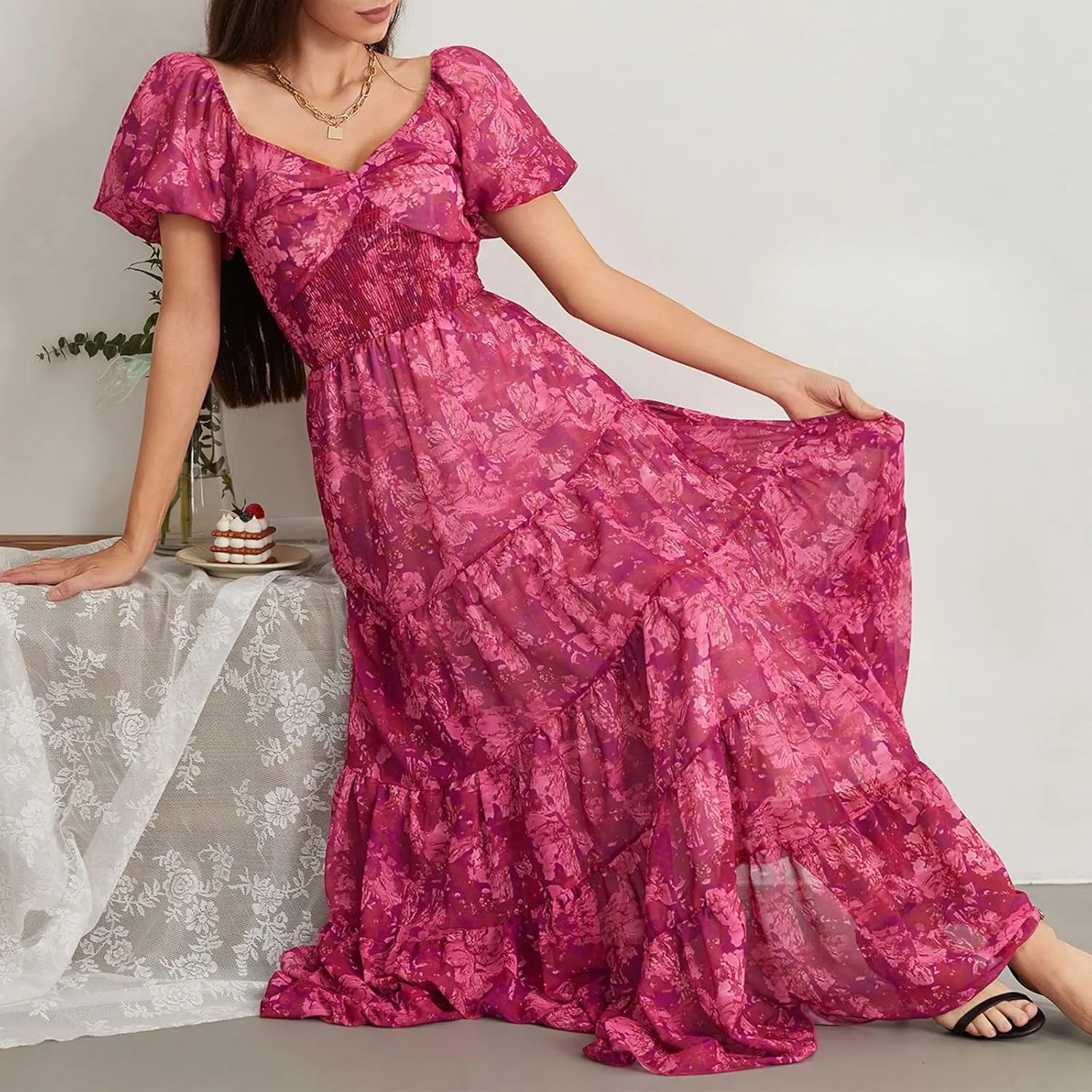 Women Boho Short Puff Sleeve Floral Long Dress Sweetheart Neck Tunic Waist Summer Flowy 2024 Beach Midi Sundresses