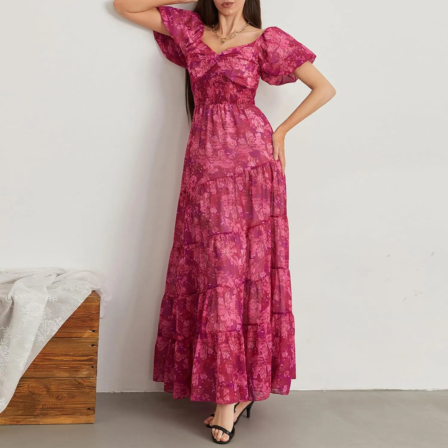Women Boho Short Puff Sleeve Floral Long Dress Sweetheart Neck Tunic Waist Summer Flowy 2024 Beach Midi Sundresses