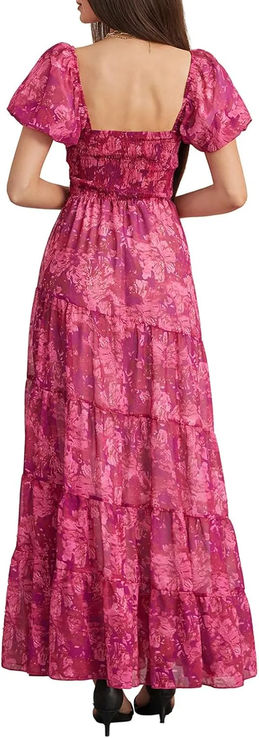 Women Boho Short Puff Sleeve Floral Long Dress Sweetheart Neck Tunic Waist Summer Flowy 2024 Beach Midi Sundresses