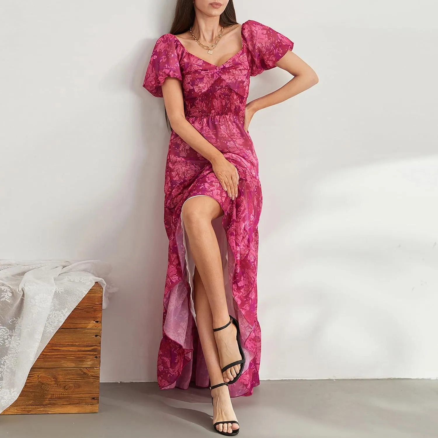 Women Boho Short Puff Sleeve Floral Long Dress Sweetheart Neck Tunic Waist Summer Flowy 2024 Beach Midi Sundresses