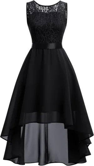 Women Halter Neck High Low Cocktail Skater Dress Vintage Floral Lace Chiffon Bridesmaid Dress Hi Lo Wedding Swing Party Dress