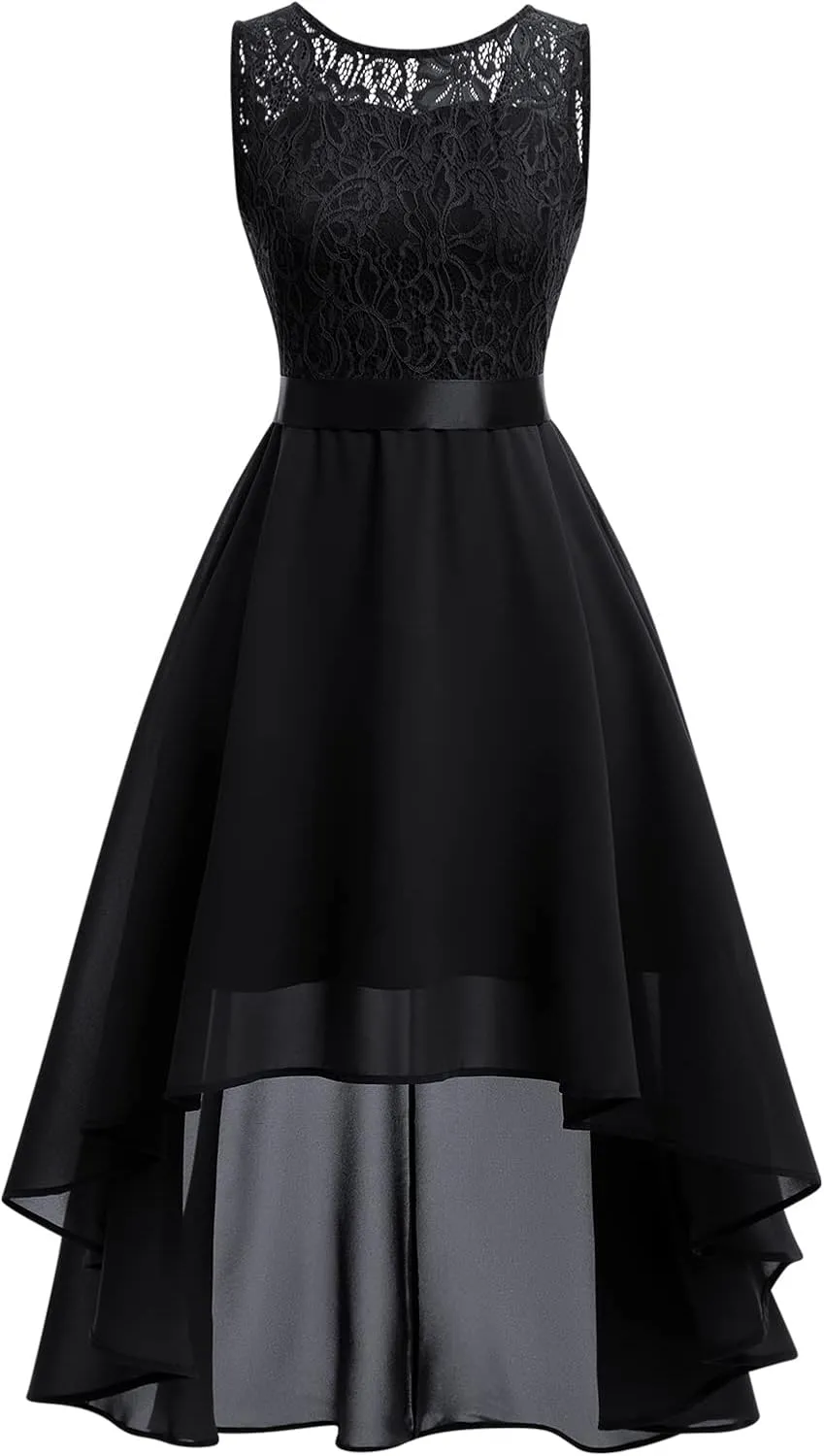 Women Halter Neck High Low Cocktail Skater Dress Vintage Floral Lace Chiffon Bridesmaid Dress Hi Lo Wedding Swing Party Dress