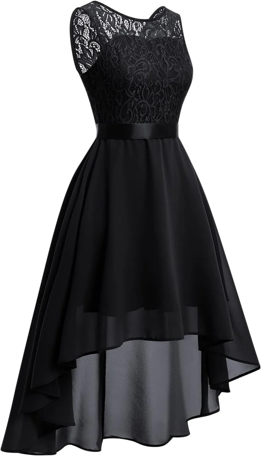 Women Halter Neck High Low Cocktail Skater Dress Vintage Floral Lace Chiffon Bridesmaid Dress Hi Lo Wedding Swing Party Dress
