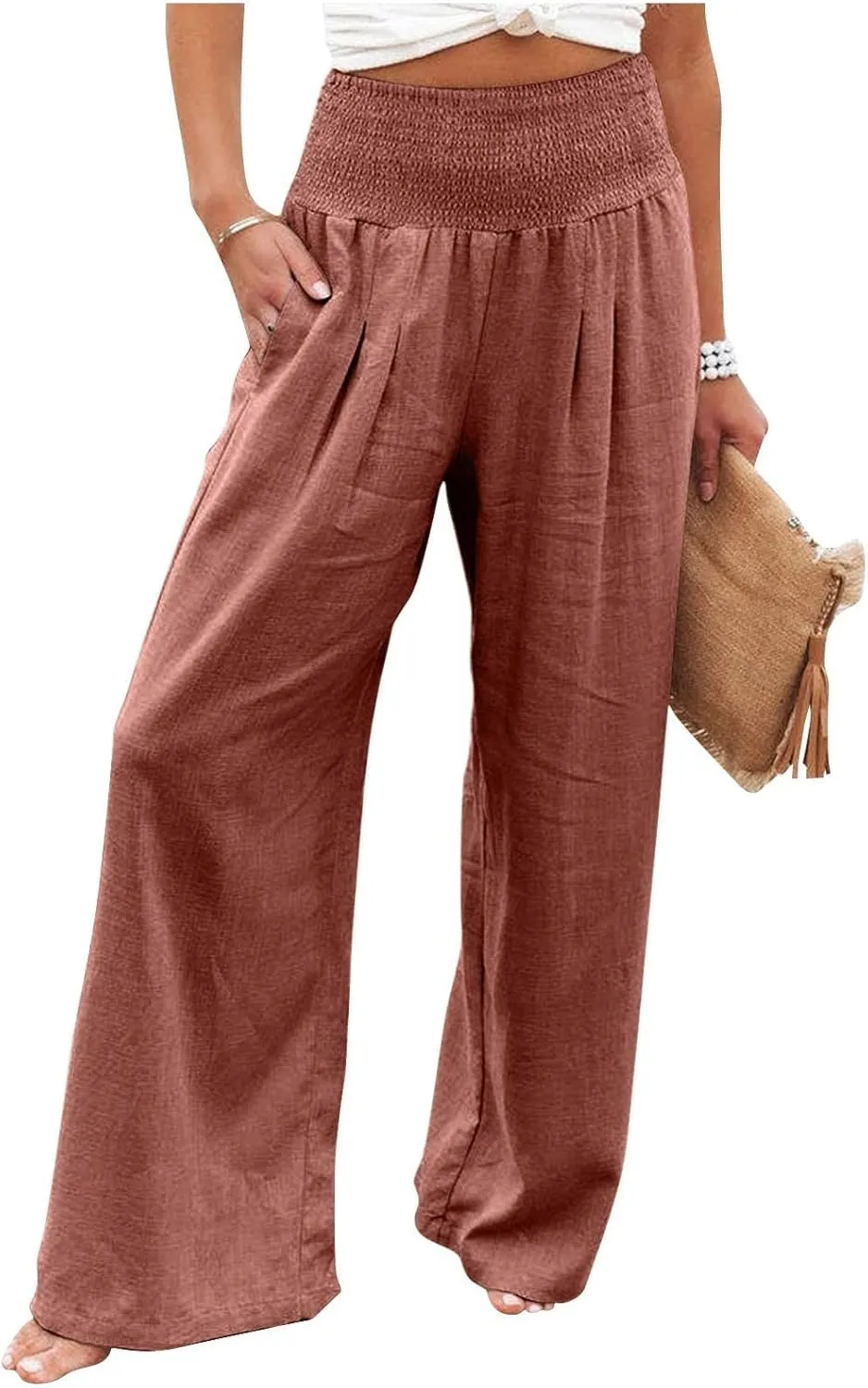 Women Linen Palazzo Pants Summer Wide Leg High Waist Casual Lounge Pant Beach Vacation Trousers with Pockets
