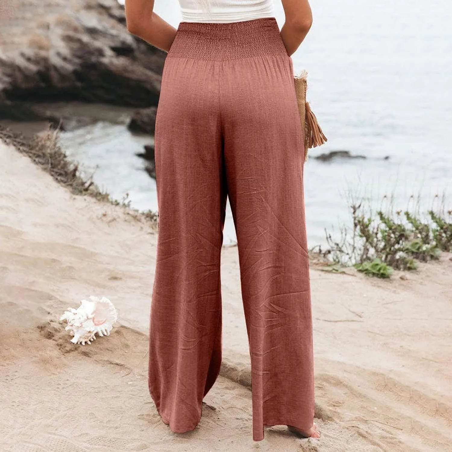 Women Linen Palazzo Pants Summer Wide Leg High Waist Casual Lounge Pant Beach Vacation Trousers with Pockets