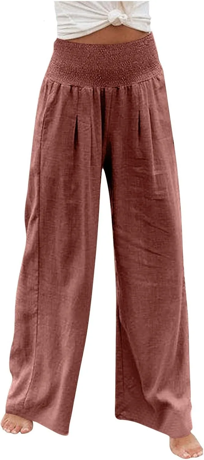 Women Linen Palazzo Pants Summer Wide Leg High Waist Casual Lounge Pant Beach Vacation Trousers with Pockets