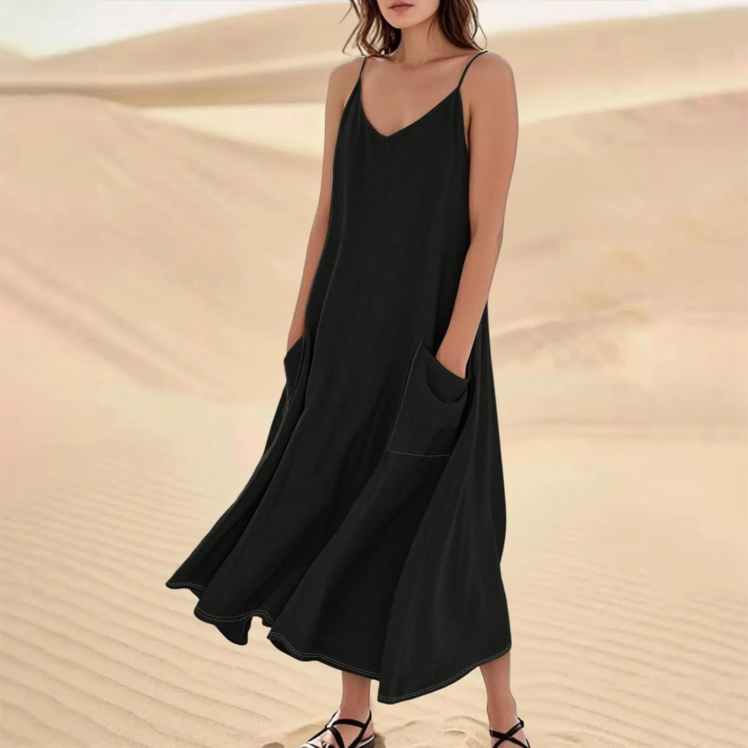 Women Summer 2025 Maxi Dress Casual Floral Spaghetti Strap Boho Beach Long Flowy Vacation Sundress with Pockets