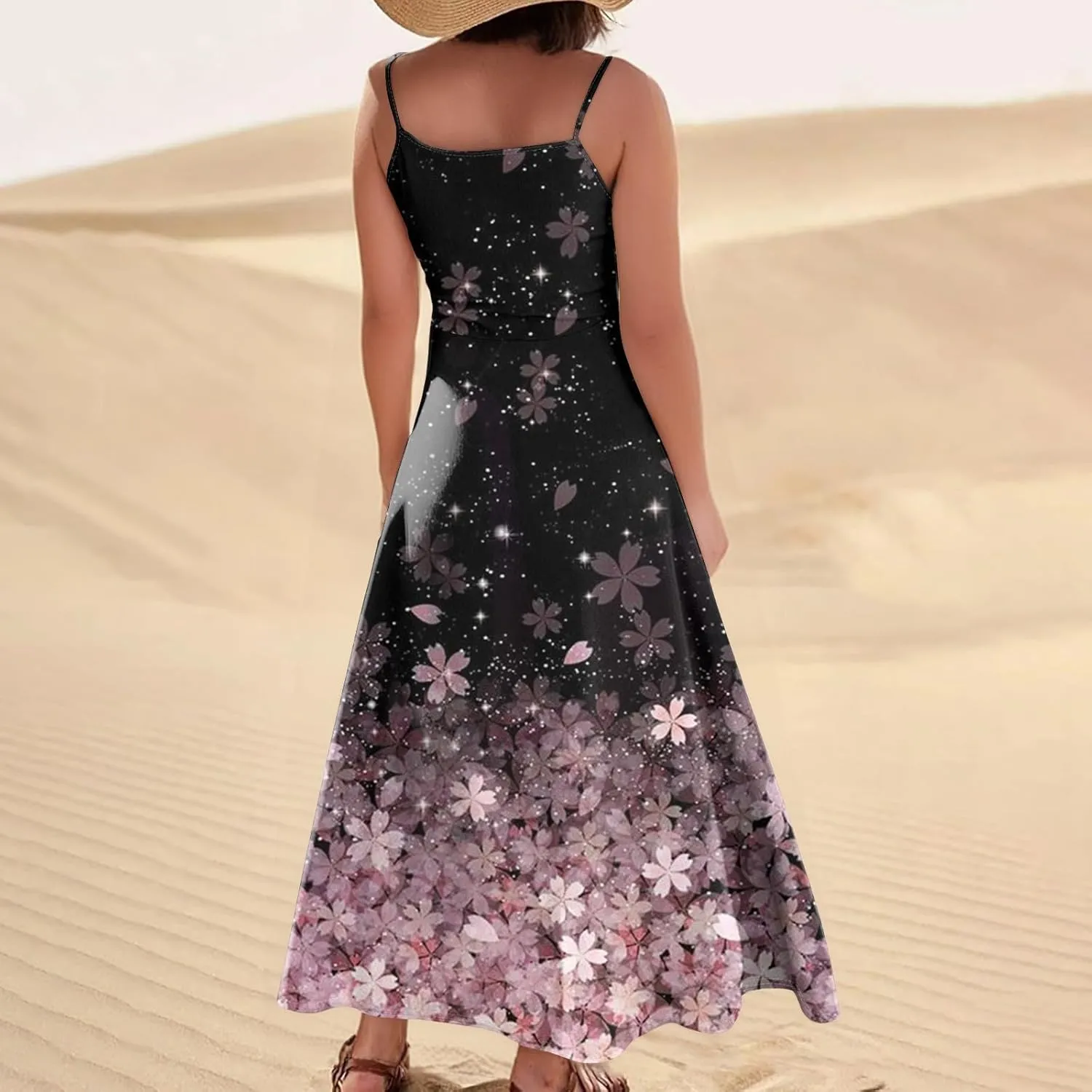 Women Summer 2025 Maxi Dress Casual Floral Spaghetti Strap Boho Beach Long Flowy Vacation Sundress with Pockets