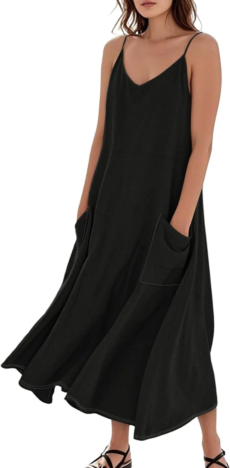 Women Summer 2025 Maxi Dress Casual Floral Spaghetti Strap Boho Beach Long Flowy Vacation Sundress with Pockets
