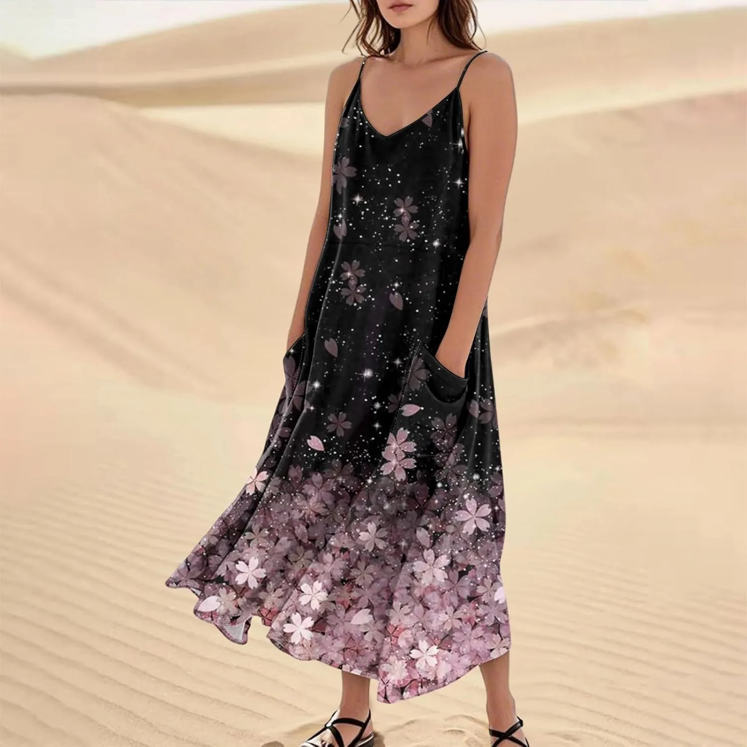 Women Summer 2025 Maxi Dress Casual Floral Spaghetti Strap Boho Beach Long Flowy Vacation Sundress with Pockets