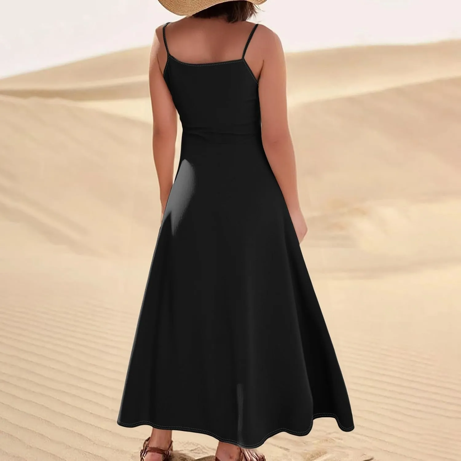 Women Summer 2025 Maxi Dress Casual Floral Spaghetti Strap Boho Beach Long Flowy Vacation Sundress with Pockets