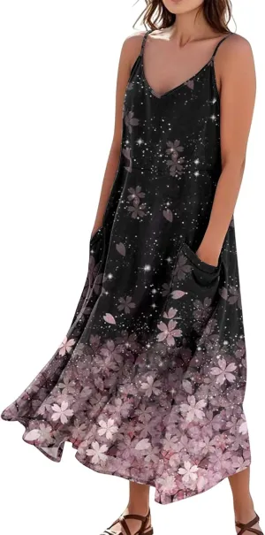 Women Summer 2025 Maxi Dress Casual Floral Spaghetti Strap Boho Beach Long Flowy Vacation Sundress with Pockets