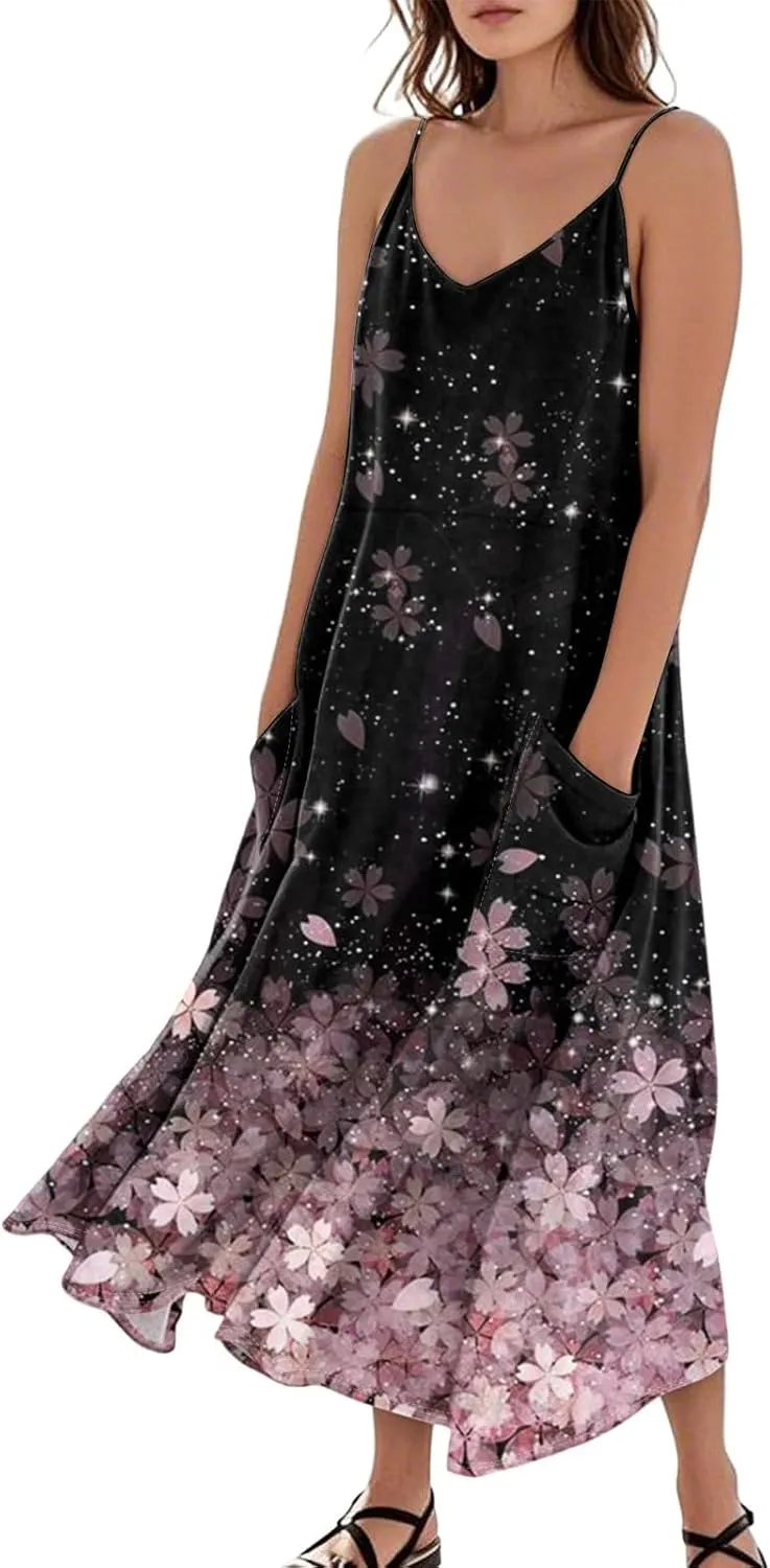 Women Summer 2025 Maxi Dress Casual Floral Spaghetti Strap Boho Beach Long Flowy Vacation Sundress with Pockets