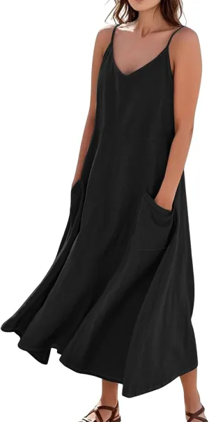 Women Summer 2025 Maxi Dress Casual Floral Spaghetti Strap Boho Beach Long Flowy Vacation Sundress with Pockets