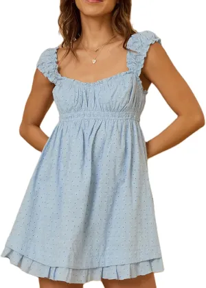 Women Summer Babydoll Mini Dress Y2k Floral Embroidery Ruffle Flowy A Line Short Dress Beach Graduation Sundress