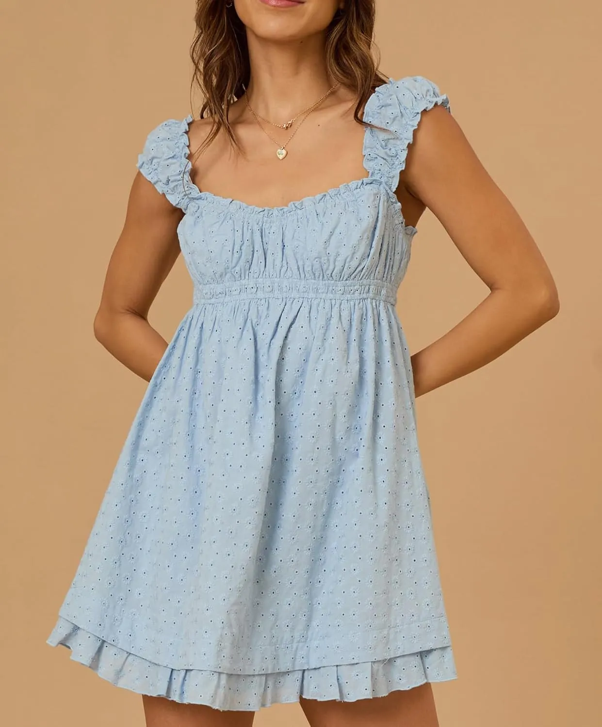 Women Summer Babydoll Mini Dress Y2k Floral Embroidery Ruffle Flowy A Line Short Dress Beach Graduation Sundress