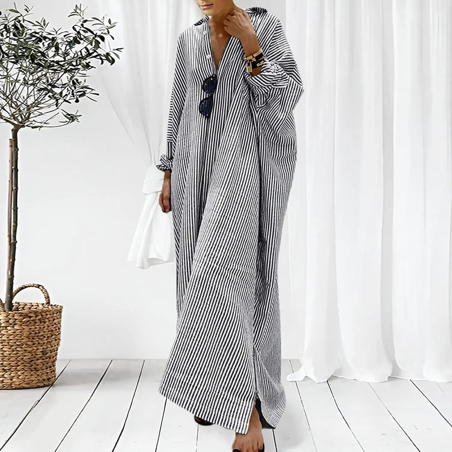 Women's 2025 Summer Striped Dress Casual Sleeveless V Neck Shoulder Cotton Linen Loose Fit Split Maxi Dresses
