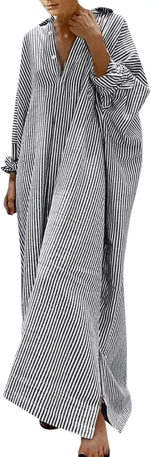 Women's 2025 Summer Striped Dress Casual Sleeveless V Neck Shoulder Cotton Linen Loose Fit Split Maxi Dresses