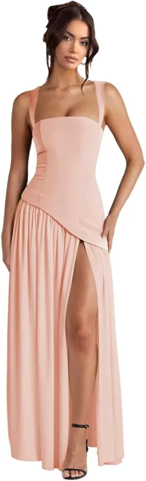 Women's Chiffon Bridesmaid Dress with Slit Pleated Asymmetrical Drop Waist Formal Evening Gowns