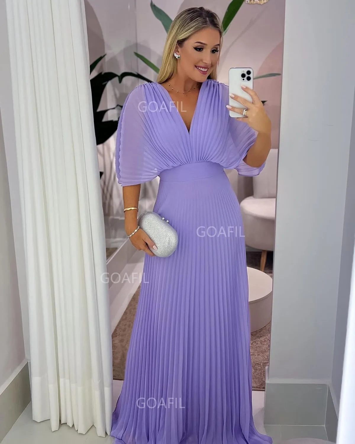 Women's Chiffon Prom Dress V Neck Pleated Formal Evening Dress Long Wedding Guest Dresses with Batwing Sleeve