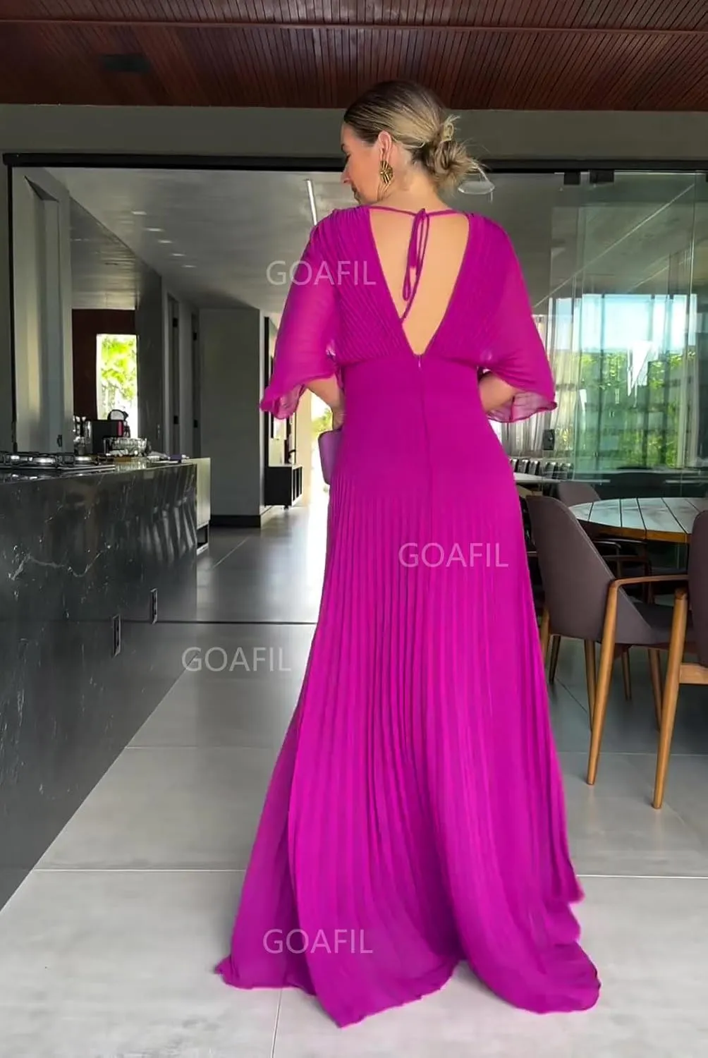 Women's Chiffon Prom Dress V Neck Pleated Formal Evening Dress Long Wedding Guest Dresses with Batwing Sleeve