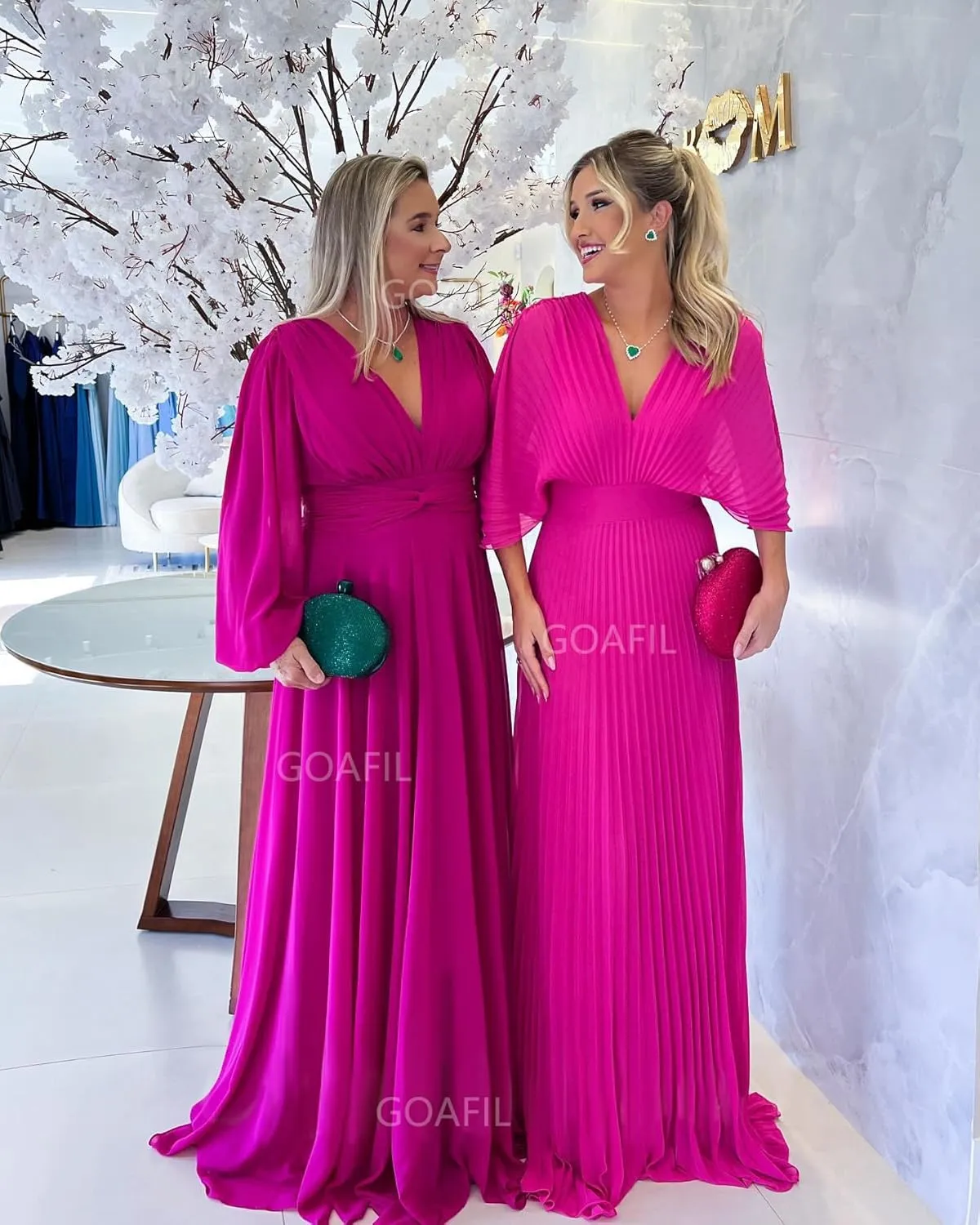 Women's Chiffon Prom Dress V Neck Pleated Formal Evening Dress Long Wedding Guest Dresses with Batwing Sleeve