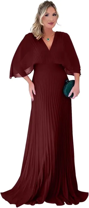 Women's Chiffon Prom Dress V Neck Pleated Formal Evening Dress Long Wedding Guest Dresses with Batwing Sleeve